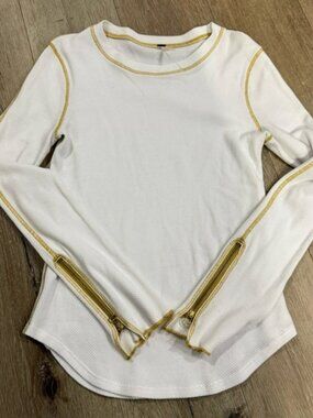 Free People White Long Sleeve Top with Gold Trim and Sleeve Zippers